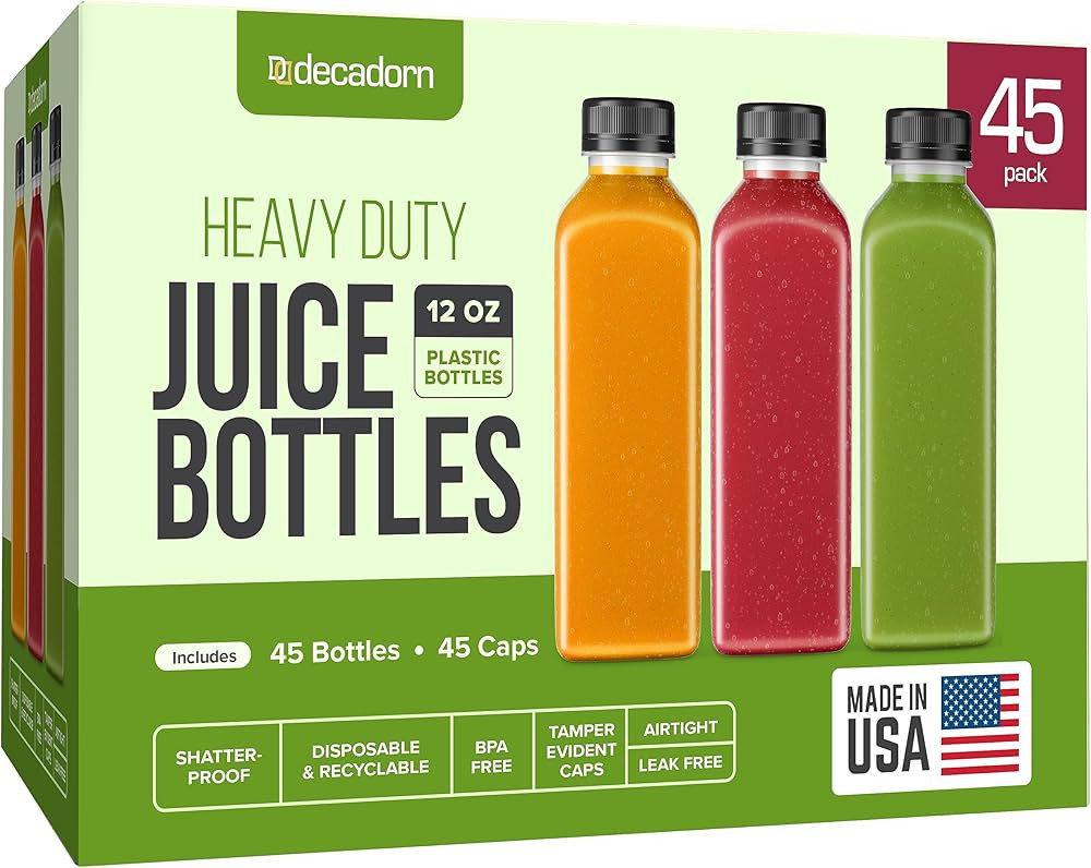 DECADORN 12oz Plastic Juice Bottles For Juicing - 45 Pack Plastic Bottles With Caps - MADE IN USA... | Amazon (US)