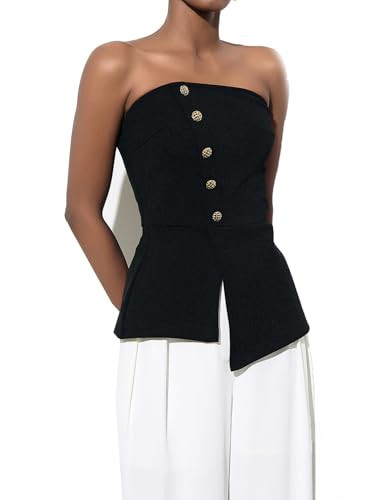 OYOANGLE Women's Button Front Strapless Top Asymmetrical Slit Hem Fitted Bandeau Going Out Tops Black X-Small | Amazon (US)