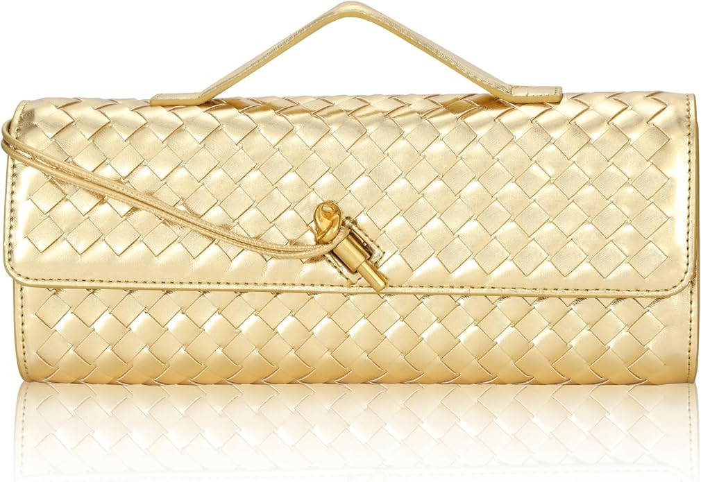 Pu Leather Gold Clutch For Women, Woven Gold Purse For Wedding, Evening Clutch 11.8" x 1.7" x 4.9... | Amazon (US)