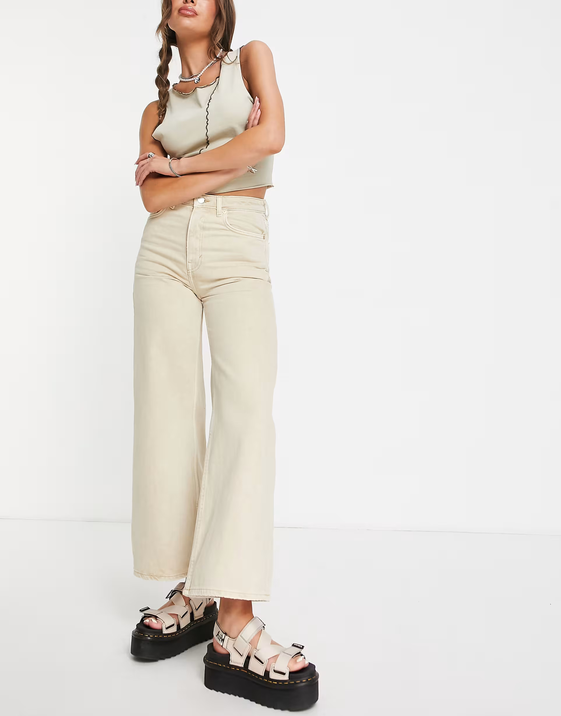 Weekday Ace cotton blend wide leg jeans in beige | ASOS (Global)