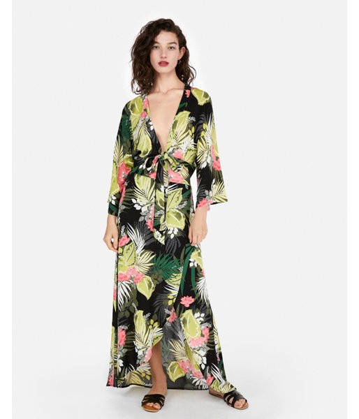 Express Womens Tropical Print Deep V-Neck Tie Front Top | Express