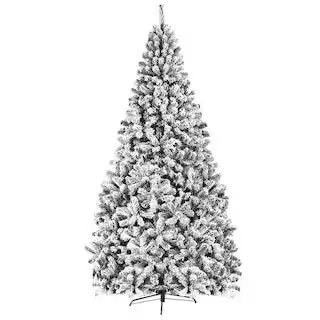 9 ft. Unlit Premium Snow Flocked Hinged Artificial Christmas Tree with Metal Stand | The Home Depot