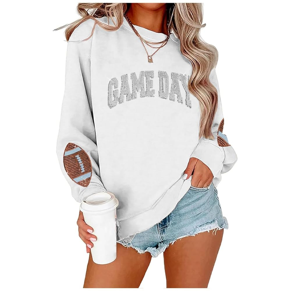 Game Day Sweatshirt for Women Sequin Football Long Sleeve Shirt Crew Neck Sunday Funday Pullover ... | Amazon (US)