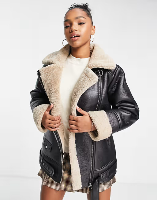 Stradivarius faux leather aviator jacket with contrast sherpa in brown | ASOS (Global)