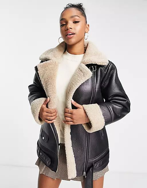 Stradivarius faux leather aviator jacket with contrast sherpa in brown | ASOS (Global)
