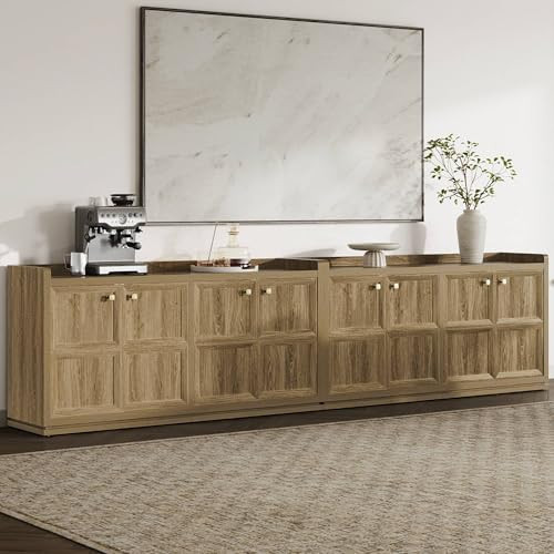 SICOTAS 4-Door Buffet Cabinet -Extra Long Sideboard with Storage & Adjustable Shelves, Modern Credenza Accent Coffee Bar Console Table for Living Room, Kitchen, Entryway, Hallway, Brown Oak, 2 PCS | Amazon (US)