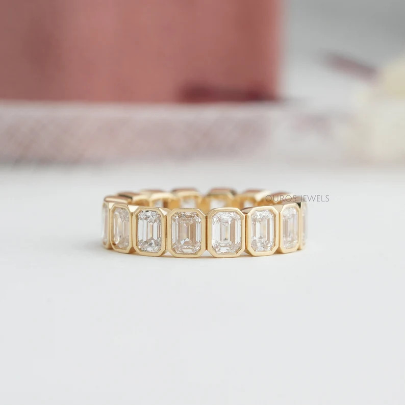 Bezel Set Emerald Cut Diamond Full Eternity Band / Lab Grown Diamond Wedding 14K Yellow Gold Band... | Etsy (US)