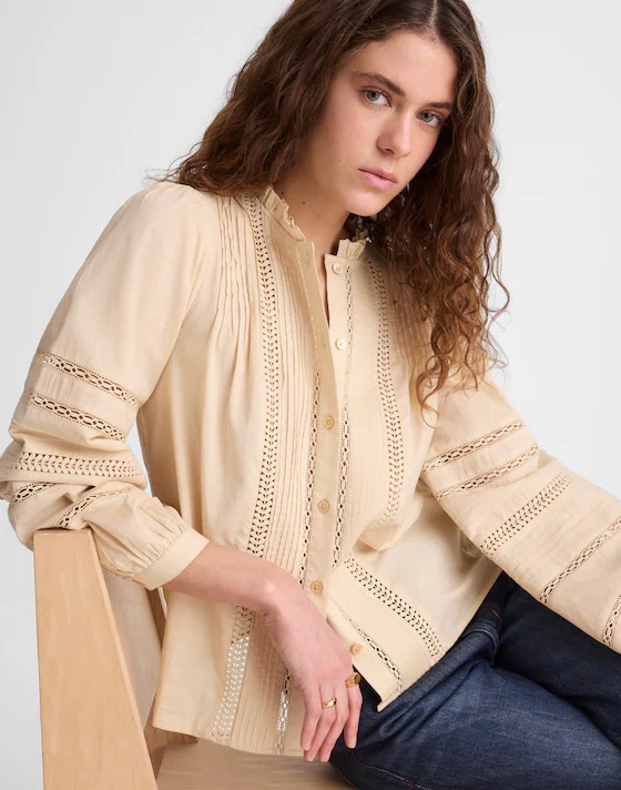 Lace-Insert High-Neck Pintuck Top | Madewell