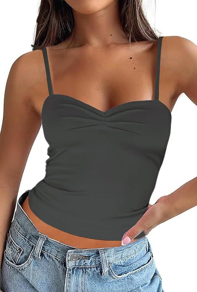 LOMON Women's Sleeveless Adjustable Spaghetti Strap Tank Top Sweetheart Neck Crop Tops Double Lay... | Amazon (US)