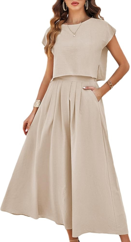 Mingzhu Womens 2 Piece Outfits Skirt Set Summer Casual Cap Sleeve Crop Tops Maxi Dress Sets with ... | Amazon (US)