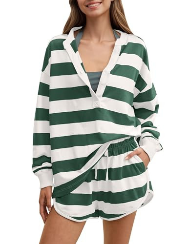 MISSACTIVER Women's 2 Piece Striped Lounge Sets Oversized Henley Shirts Drawstring Shorts Matching Tracksuit Set with Pockets | Amazon (US)