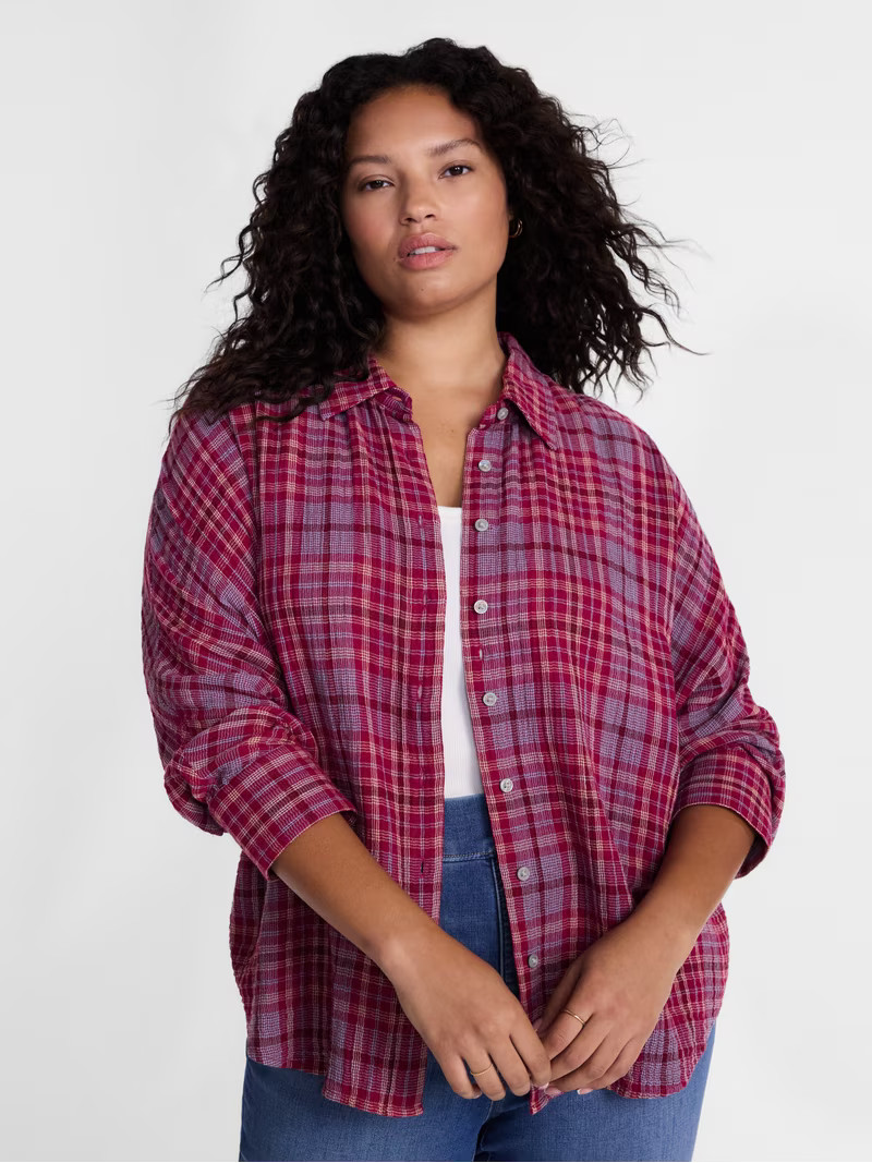Terra & Sky Women's Plus Button Front Woven Shirt with Long Sleeves, Sizes 0X- 5X | Walmart (US)