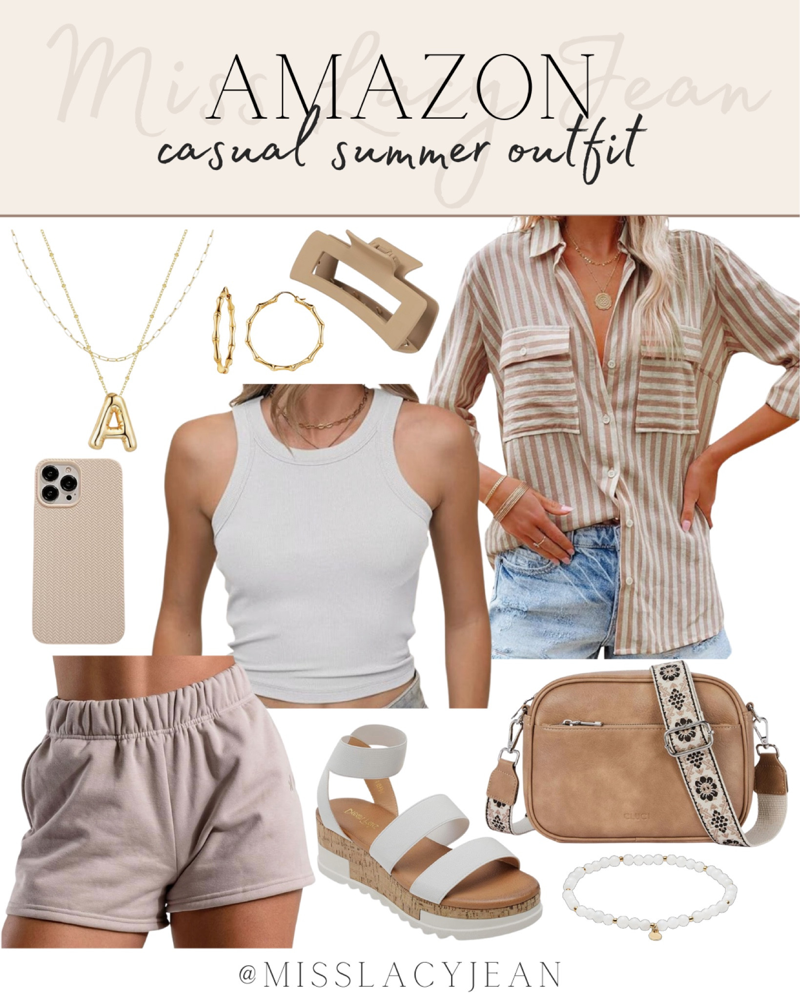 Amazon casual summer includes button up top, tank, sweatshirt shorts, hair clip, earrings, necklace, cell phone, crossbody bath, sandals, bracelet.

Summer outfit, casual summer outfit, everyday outfit, comfortable outfit

#LTKStyleTip #LTKFindsUnder50 #LTKShoeCrush
