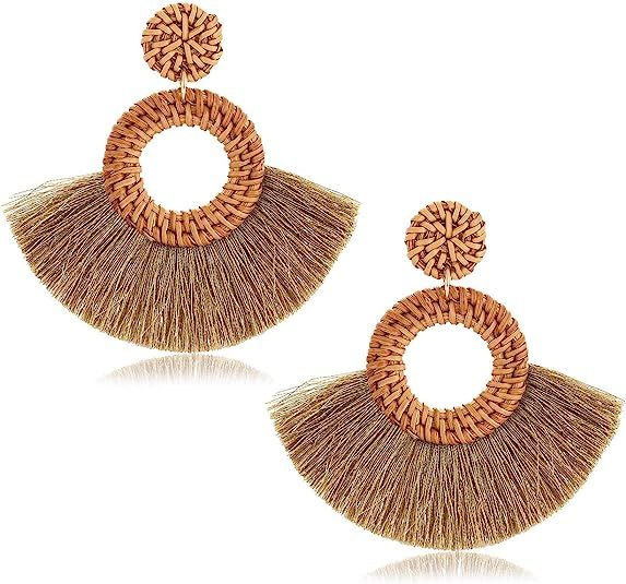 Weave Straw Double Disc Drop Earrings Boho Rattan Dangle Statement Earrings | Amazon (US)