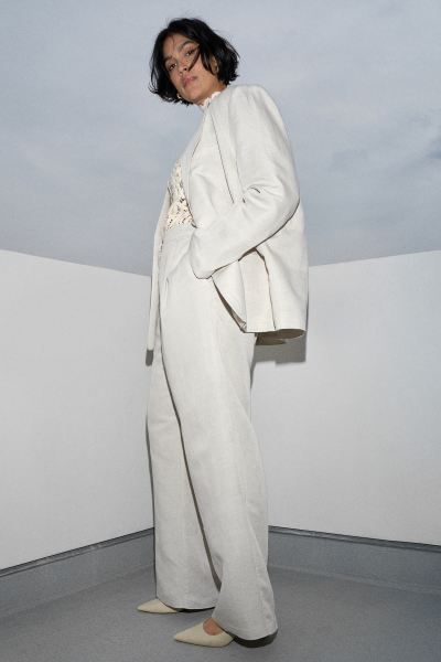 Linen-blend Pants - High waist - Long - Light beige - Ladies | H&M US | H&M (US + CA)