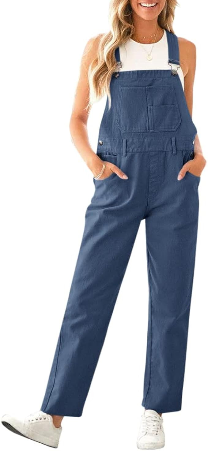 Jeemery Women's Casual Adjustable Bib Pants Overalls Solid Color Cotton Rompers Jumpsuits with Po... | Amazon (US)