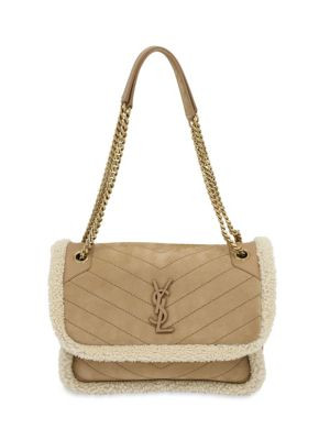 Saint Laurent Medium Niki Shoulder Bag In Tan/Cream Nubuck And Shearling | Saks Fifth Avenue OFF 5TH
