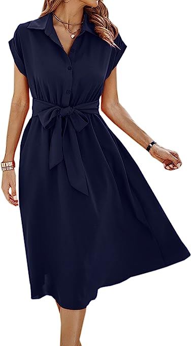 ECOWISH Womens Casual Midi Dresses Solid V Neck Short Sleeve Button Shirt Belted Dress with Pocke... | Amazon (US)
