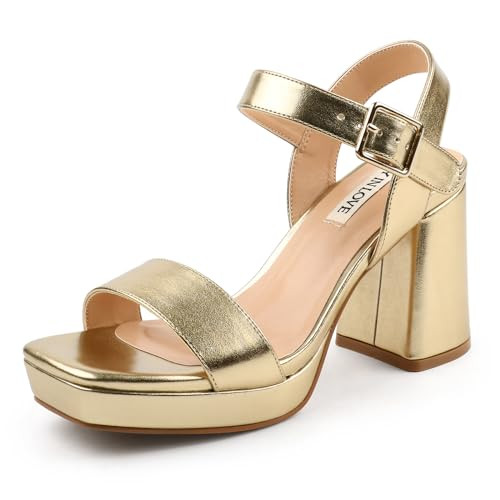 JOY IN LOVE Women's Chunky Platform High Heels Ankle Strap Block Heel Sandals Gold Matte US9.5 | Amazon (US)