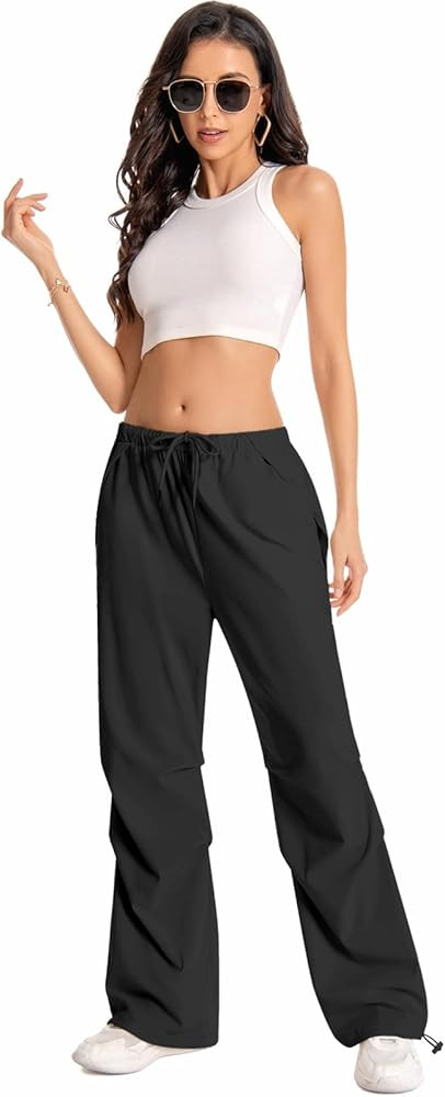 Parachute Pants for Woman Baggy Cargo Pants Drawstring Elastic Waist Y2K Causal Trousers with 4 P... | Amazon (US)