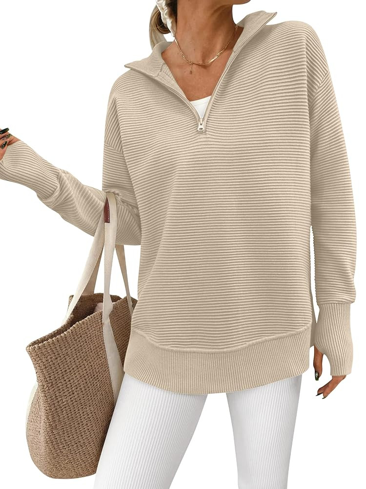 PRETTYGARDEN Womens Long Sleeve Quarter Zip Pullover Sweater Casual Loose V Neck Collared Ribbed ... | Amazon (US)