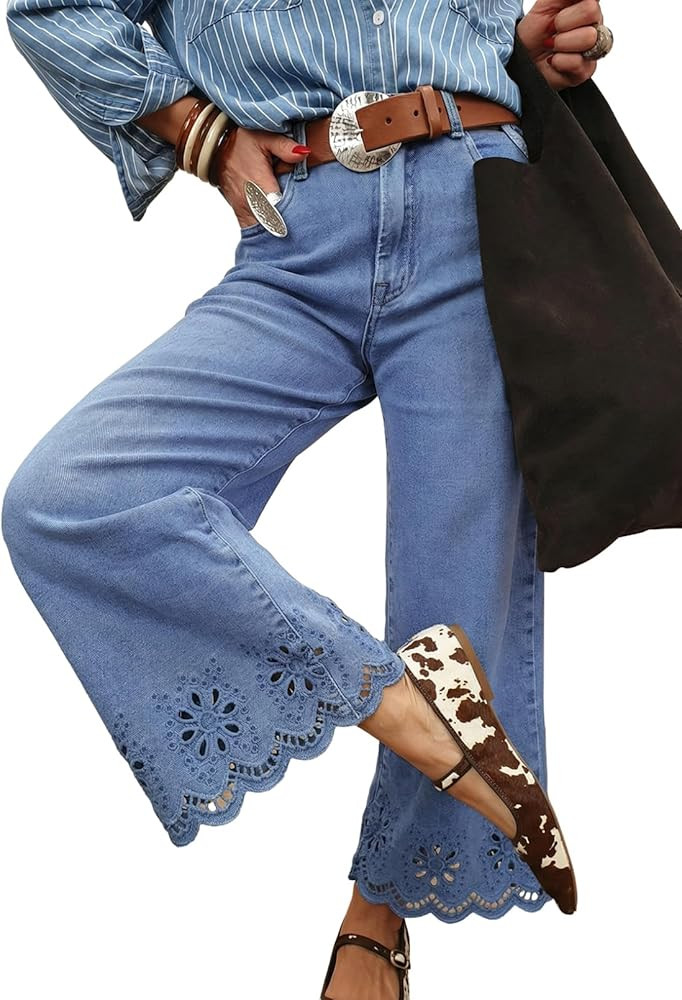 Sidefeel Womens Wide Leg Embroidered Jeans High Waisted Stretchy Straight Leg Loose Fit Ankle Denim Pants | Amazon (US)