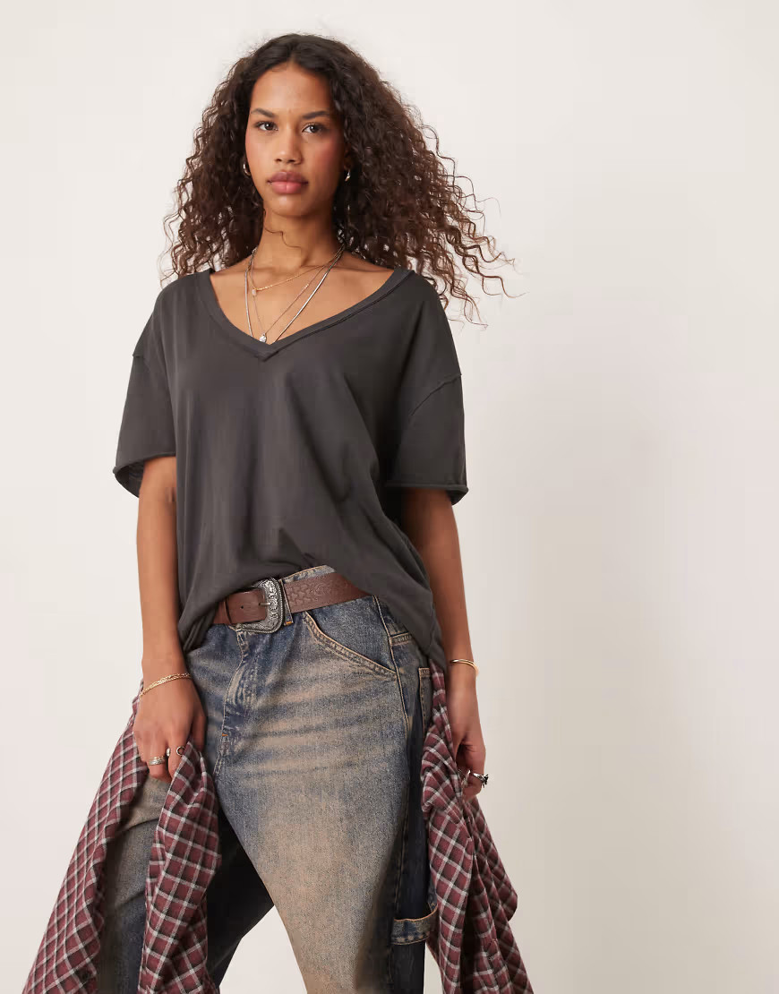 Free People nina v-neck oversized T-shirt in black | ASOS (Global)