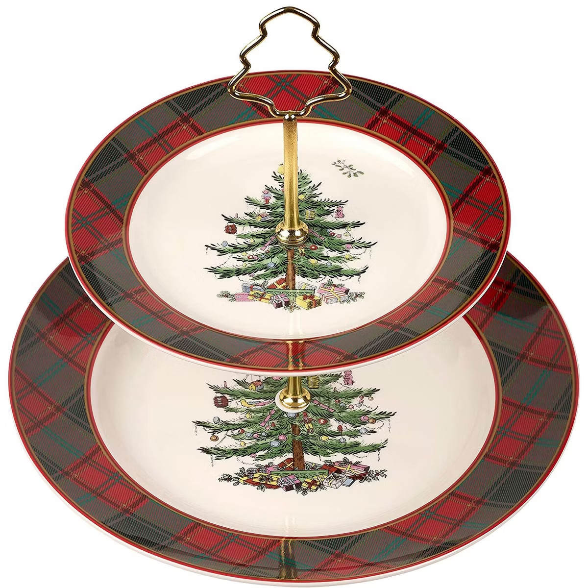 Spode Christmas Tree Tartan 2-Tiered Server, Holiday Cupcake Stand, Dessert Display Set, Earthenw... | Target