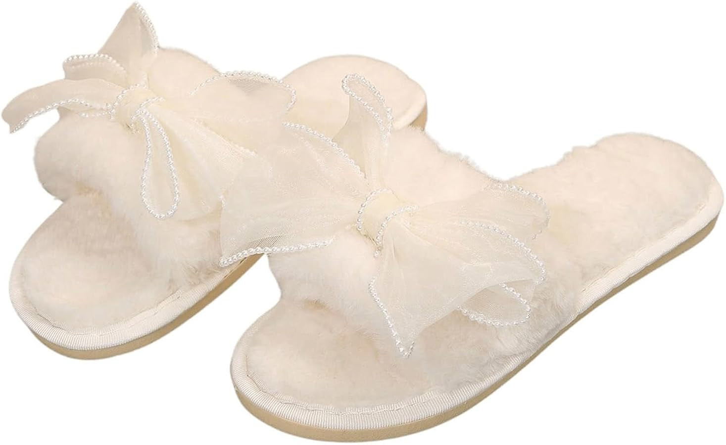 Verdusa Women's Pearls Open Toe Fuzzy House Slippers Faux Fur Bedroom Shoes | Amazon (US)