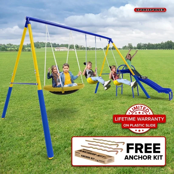 Sportspower Super Saucer Metal Swing Set with 2 Swings, 2-Person Saucer Swing, & 5FT Slide, Outdo... | Walmart (US)