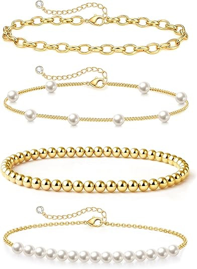 Zeffy Gold Pearl Beaded Bracelet for Women, 14K Gold Plated Jewelry Set With Paperclip Link Chain... | Amazon (US)