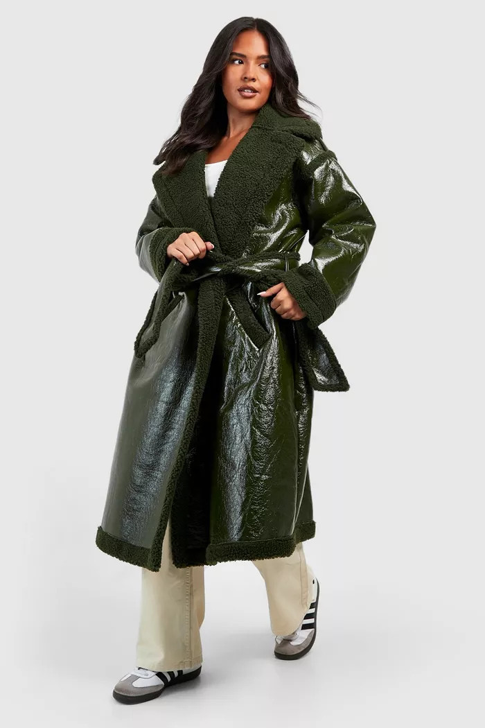 Plus Teddy Trim Vinyl Belted Coat | boohoo (US & Canada)