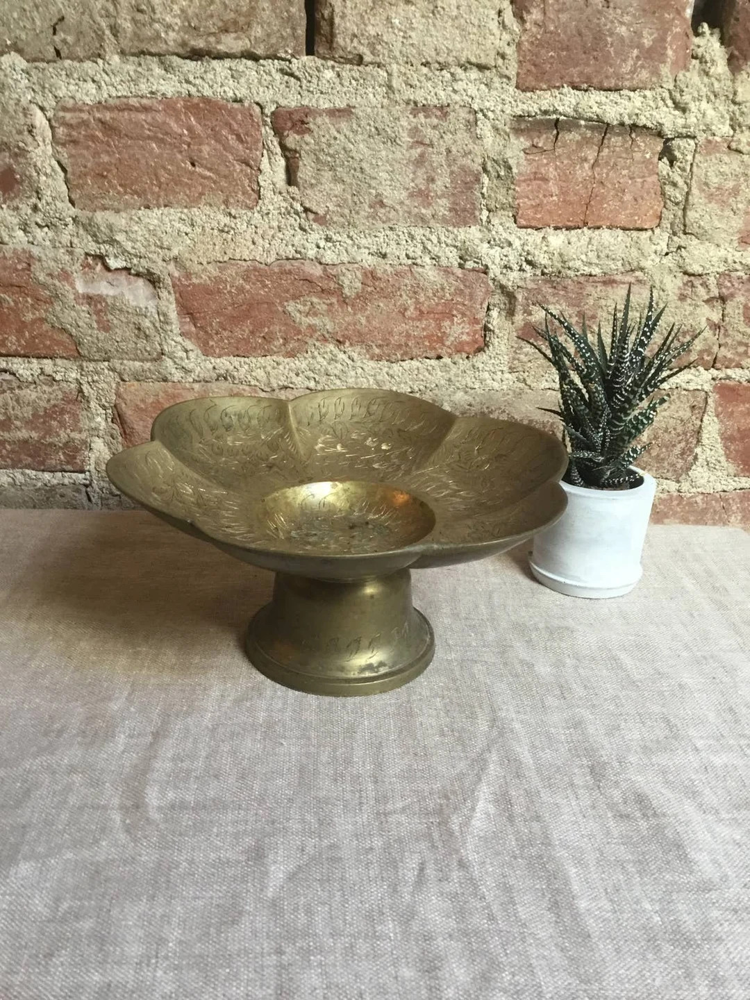 Pedestal Bowl Brass Vintage Etched Shallow Scalloped Edges Table Decor Home Altar Bowl | Etsy (US)