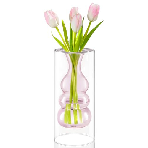 ZENS Unique Small Flower Vase, Modern Double Hollow Clear Glass Vase, Floating Decorative Vase Ha... | Amazon (US)