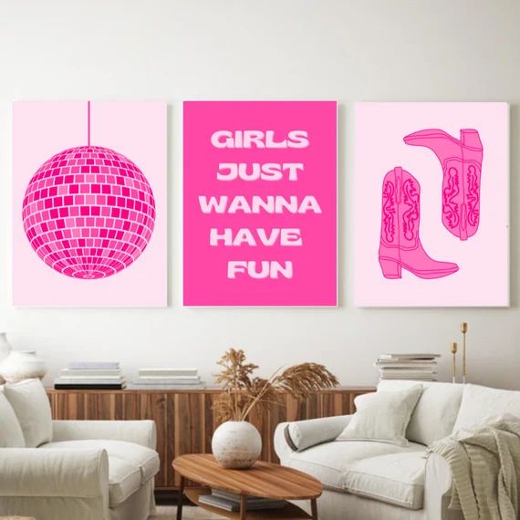 Set of 3 Pink Wall Art Disco Poster Dolly Wall Art Pink - Etsy | Etsy (US)