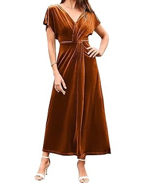 Simplee Women's Velvet Maxi Dress Short Sleeve V Neck Fall Wedding Guest Dress Twiss Front Long F... | Amazon (US)