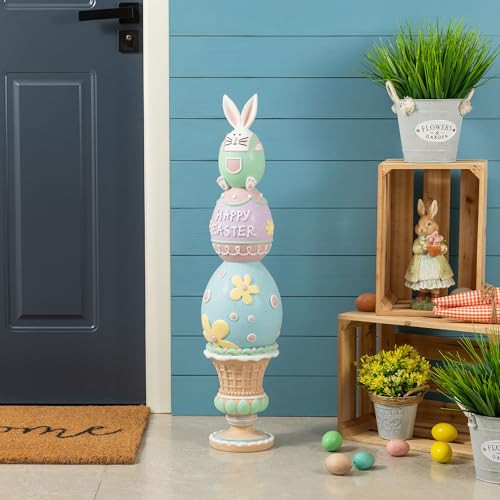 Glitzhome Easter Bunny Decor 2.54ft Large Resin Macaron Stacked Egg and Bunny Porch Décor Happy Easter Sign for Spring Indoor Garden Farmhouse Front Door | Amazon (US)