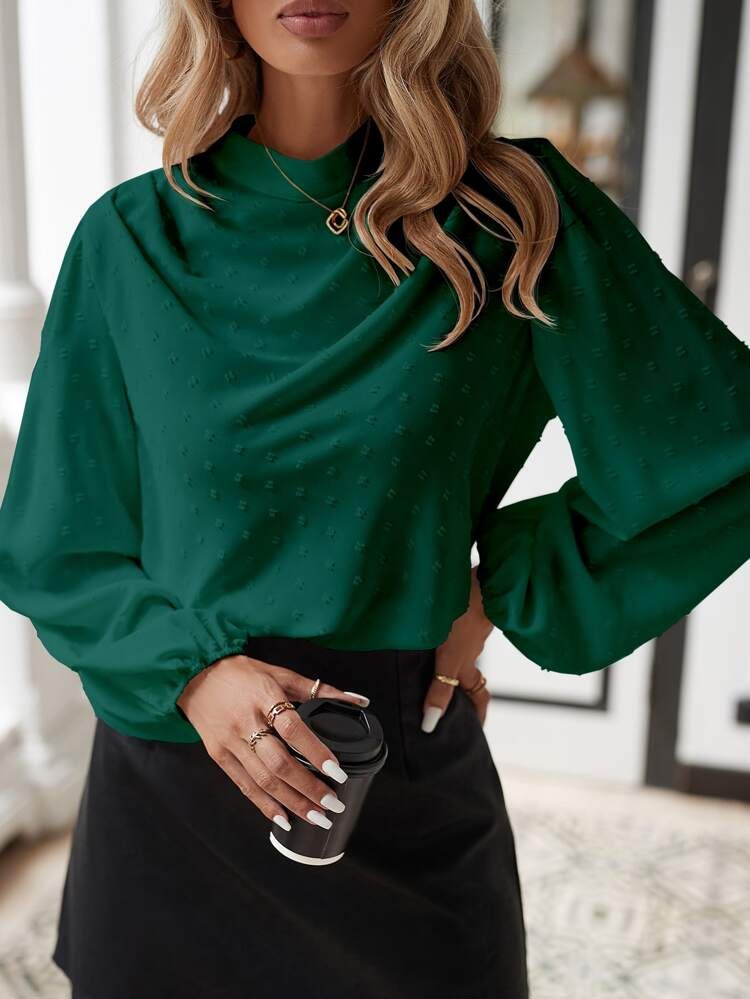 Swiss Dot Mock Neck Lantern Sleeve Blouse | SHEIN