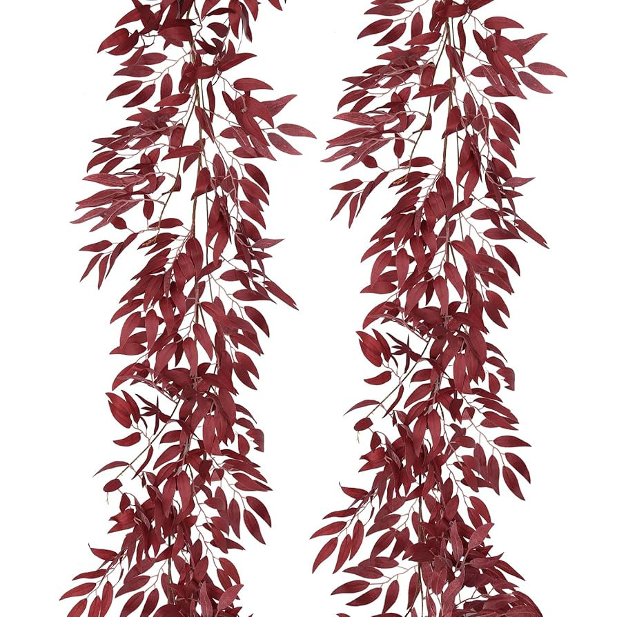 RECUTMS Artificial Hanging Willow Leaves Vine Twigs 2Pcs 5.7Ft Fake Silk Burgundy Leaf Ivy Fall G... | Amazon (US)
