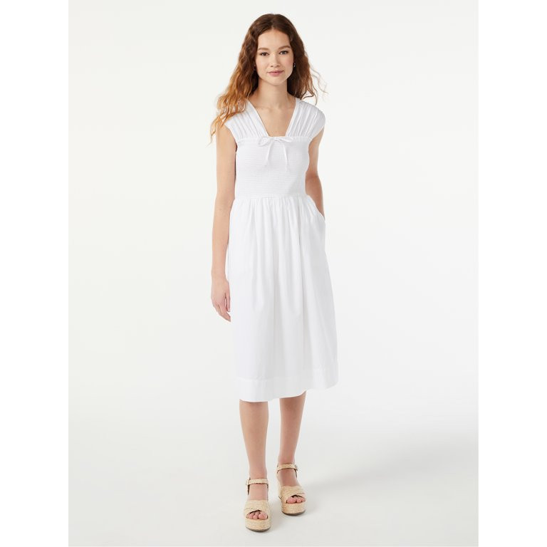 Free Assembly Women's Smocked Midi Dress with Cap Sleeves | Walmart (US)