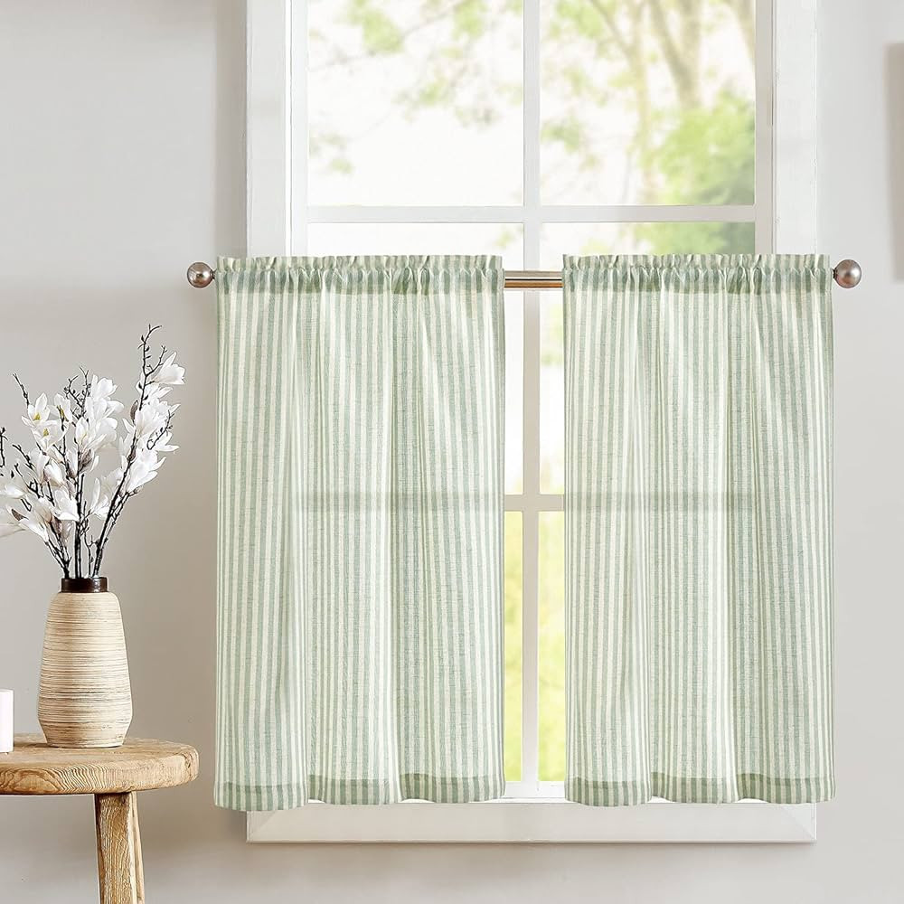 TOPICK Green Striped Small Curtains 24 Inch Drop Linen Kitchen Curtains Translucent Short Cafe Cu... | Amazon (UK)