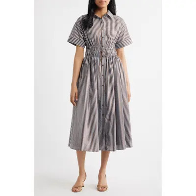 En Saison Stripe Short Sleeve Cotton Blend Midi Shirtdress in Brown Blue at Nordstrom, Size X-Small | Nordstrom