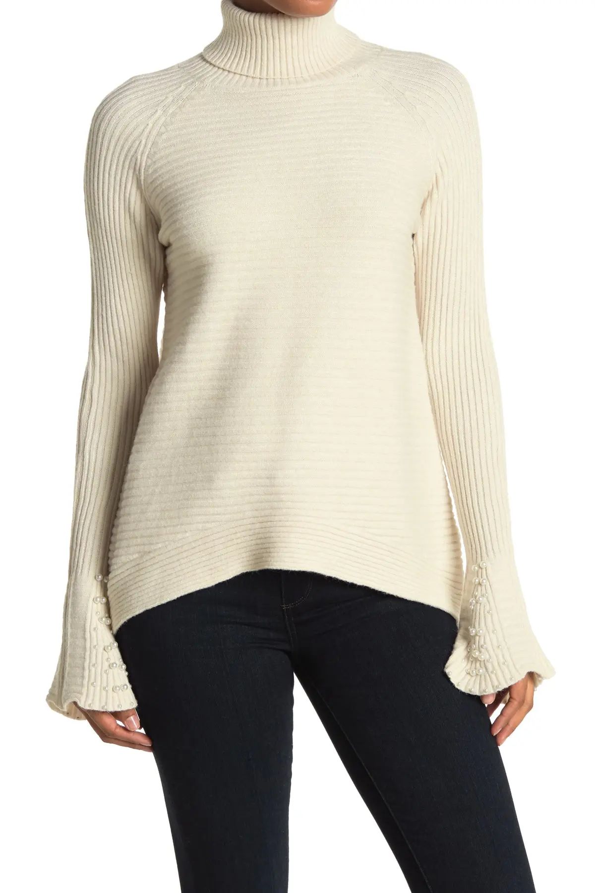Cyrus Faux Pearl Sleeve Ribbed Knit Sweater at Nordstrom Rack | Hautelook
