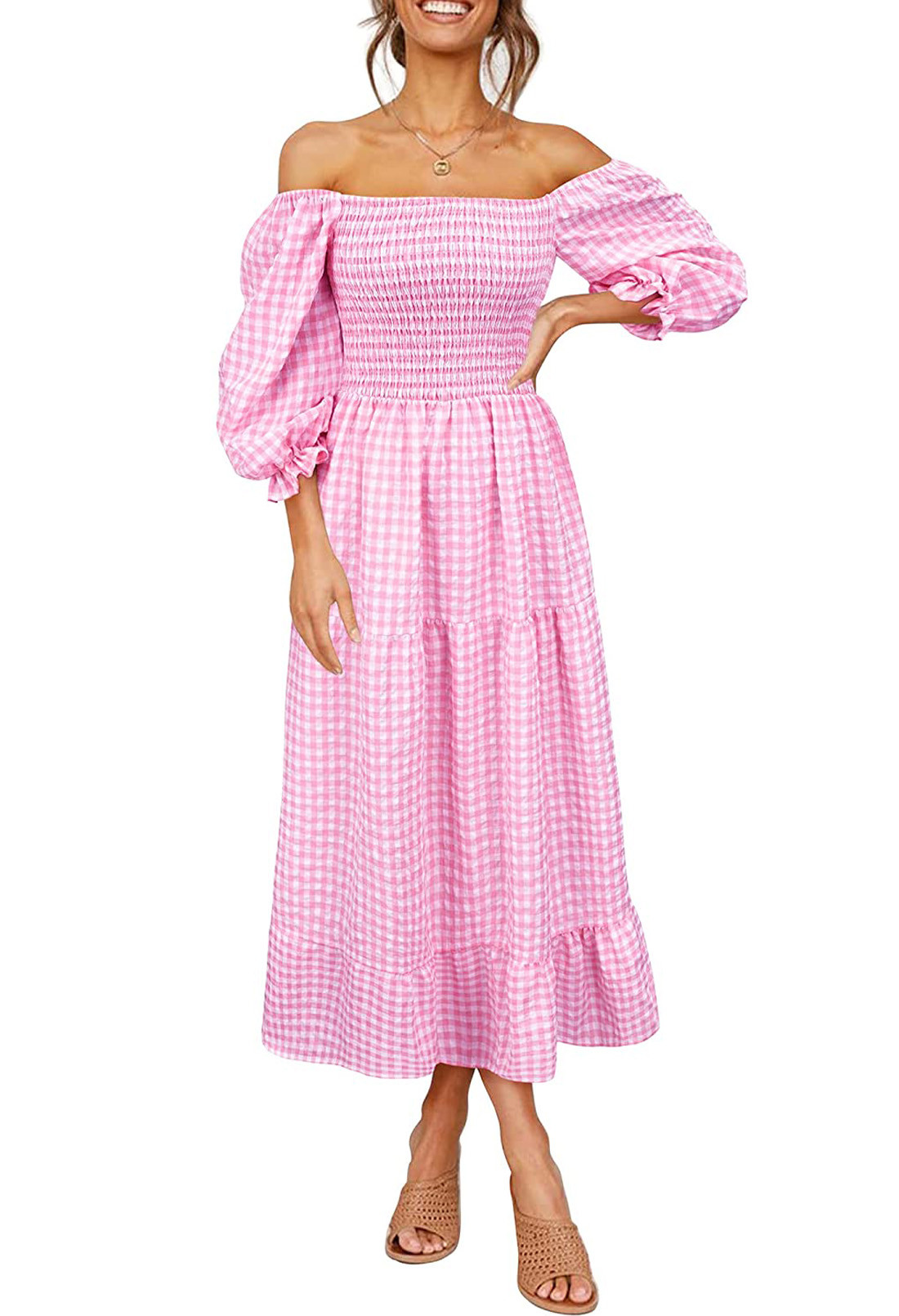 Pink Queen Women's Boho Flowy Puff Sleeve Off Shoulder Summer Casual Plaid Ruffle Midi Long Dress... | Walmart (US)