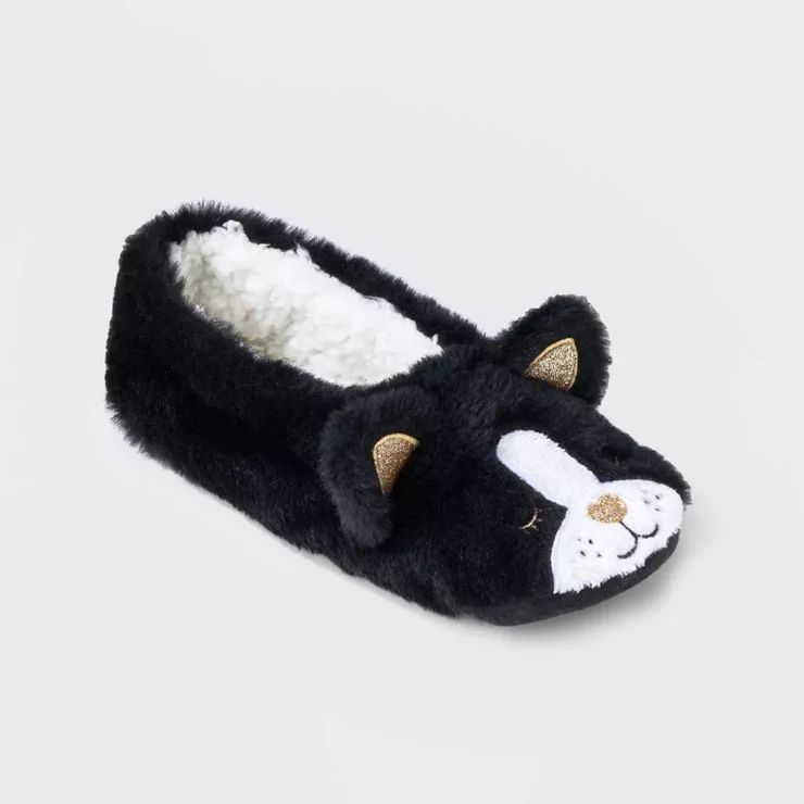 Women's Boston Terrier Faux Fur Pull-On Slipper Socks with Grippers - Black/White | Target