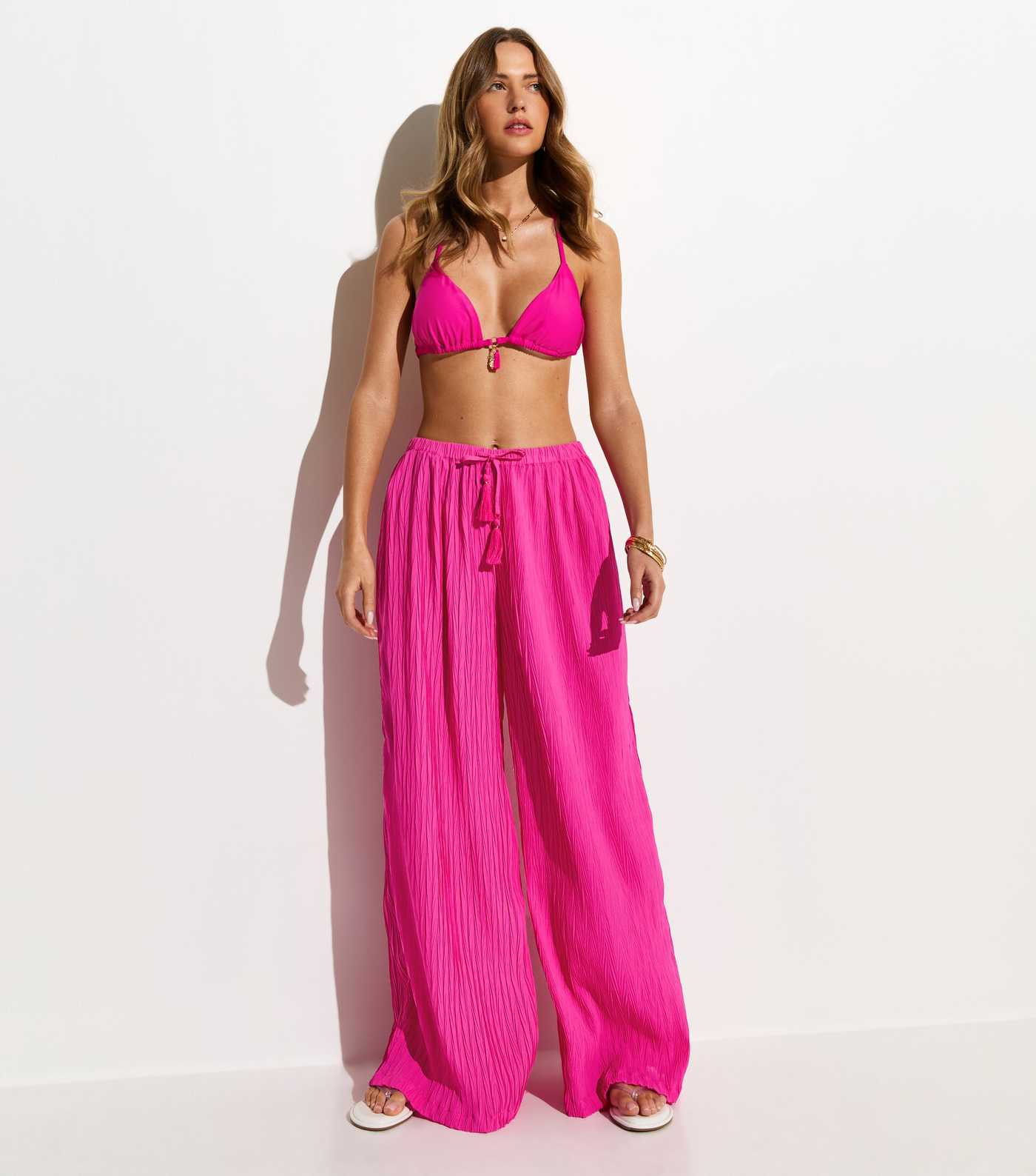 Dark Pink Textured Beach Wide Leg Trousers | New Look | New Look (UK)