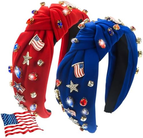 IDDFEVE 2Pcs 4th of July Headband for Women, Rhinestone Knotted Design with USA Flag Star Hair Ho... | Amazon (US)
