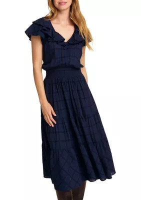 Draper James Women's Marie Midi Dress in Pane Plaid, Navy Blue, Medium | Belk
