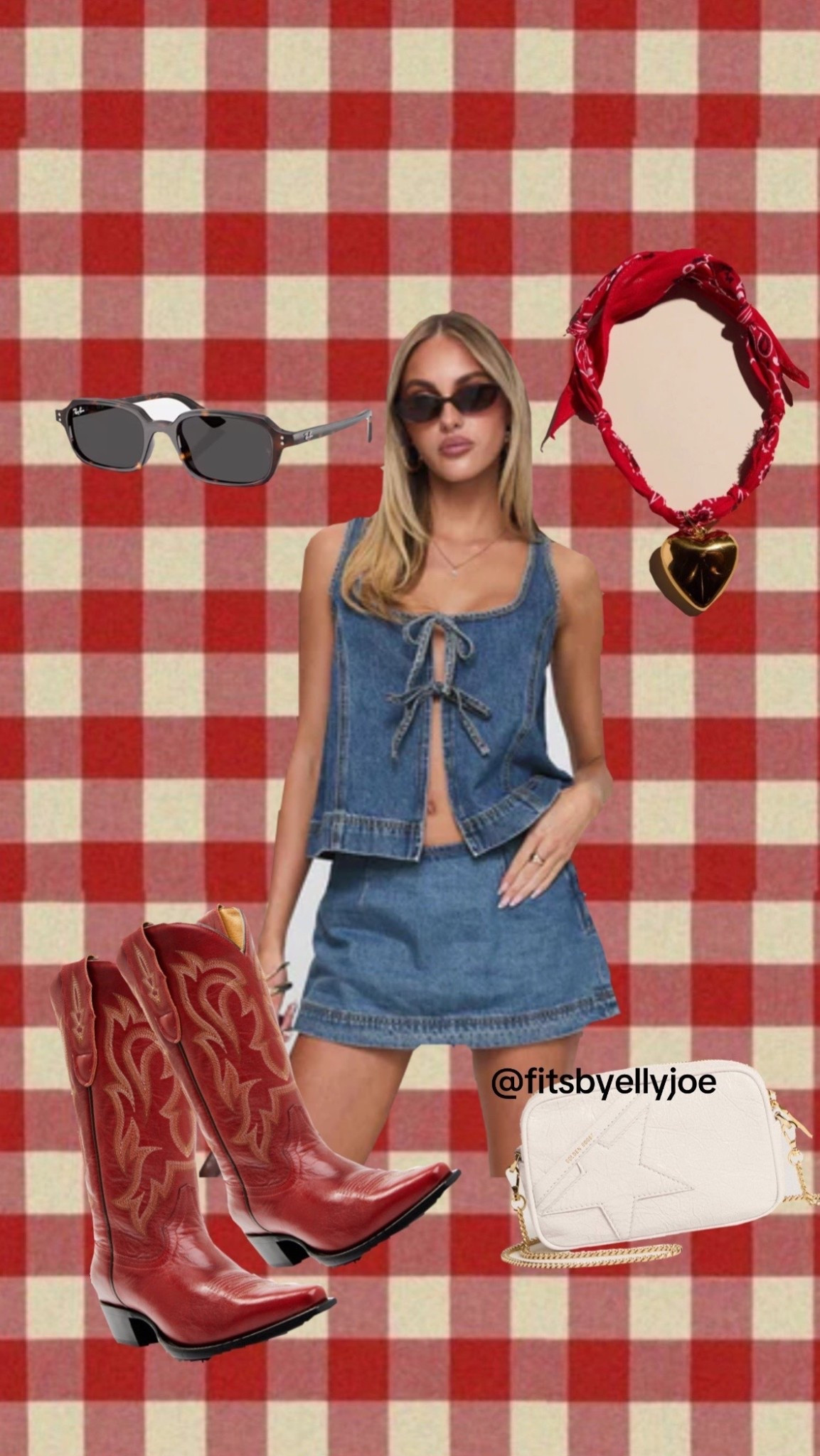 College game day outfits, country concert outfits, country outfit inspo, rodeo inspo, denim set, denim outfits, cowboy boots, red cowboy boots, fabric necklace, sunglasses, mini skirts, college outfits, Fourth of July outfit inspo,