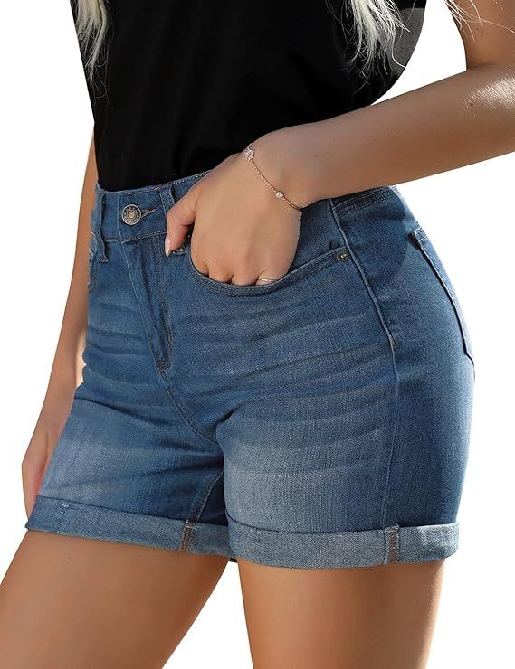 Utyful Women's Casual High Waisted Distressed Shorts Folded Hem Stretch Jean Denim Shorts | Amazon (US)